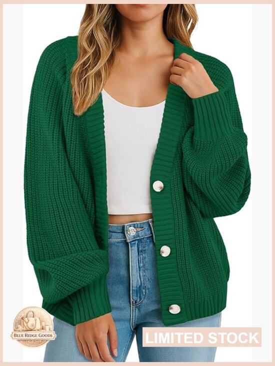 Sweaters - Chunky Knit Cardigan Oversized V-Neck Button Front Loose Fit Sweater